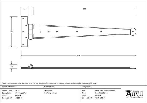 22" Penny End T Hinge (pair)