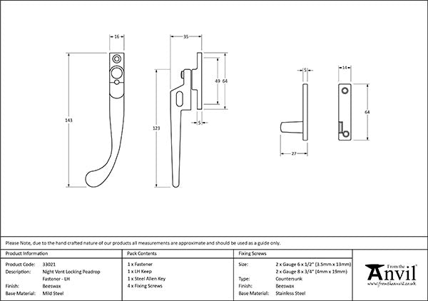 Left-Handed Night-Vent Locking Peardrop Fastener