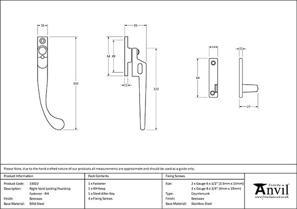 Right-Handed Night-Vent Locking Peardrop Fastener