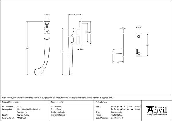 Left-Handed Night-Vent Locking Peardrop Fastener