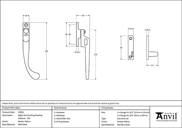 Right-Handed Night-Vent Locking Peardrop Fastener