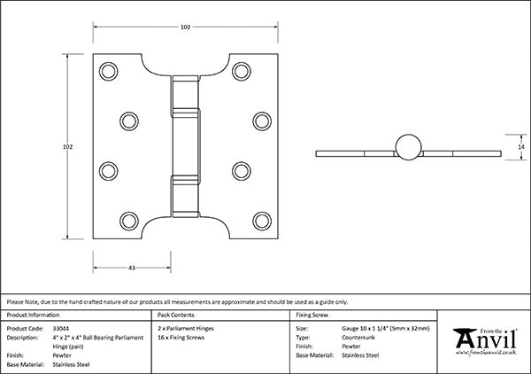 4" x 2" x 4" Parliament Hinges SS (pair)