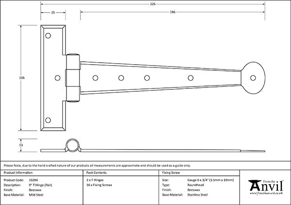 9" Penny End T Hinge (pair)