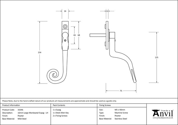 Large 16mm Left-Handed Monkeytail Espag