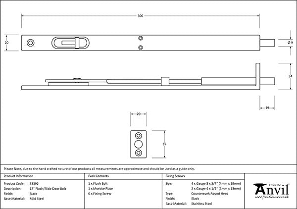 12" Flush/Slide Door Bolt