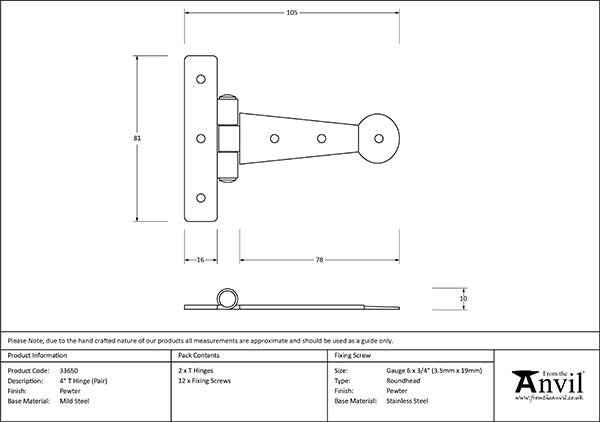 4" Penny End T Hinge (pair)