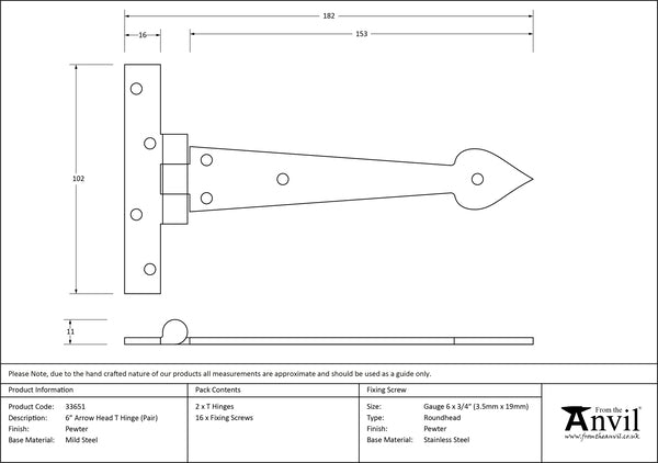 6" Arrow Head T Hinge (pair)