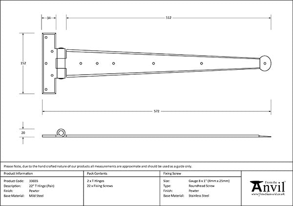 22" Penny End T Hinge (pair)