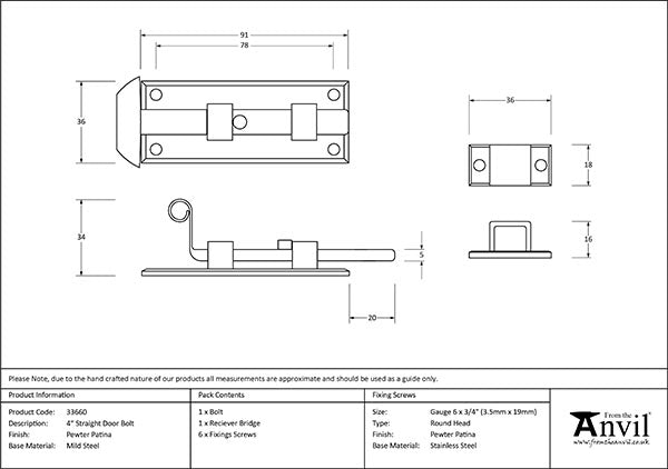 4" Straight Door Bolt