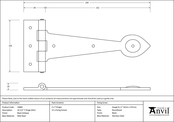 10 ½" Black Cast T Hinge (pair)