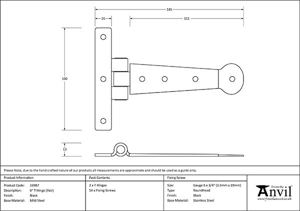 6" Penny End T Hinge (pair)