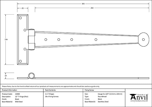 12" Penny End T Hinge (pair)