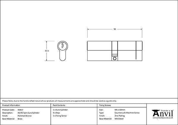 5 Pin Euro Cylinder 45/45 Keyed to differ