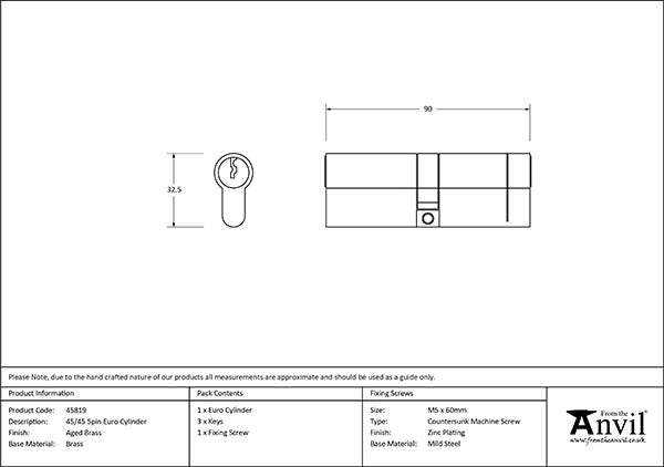 5 Pin Euro Cylinder 45/45 Keyed to differ