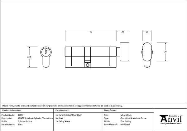 5 Pin Euro Cylinder/Thumbturn 35/45T Keyed to differ