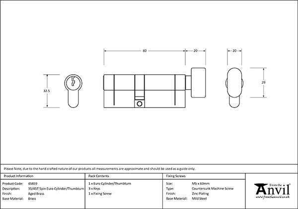 5 Pin Euro Cylinder/Thumbturn 35/45T Keyed to differ