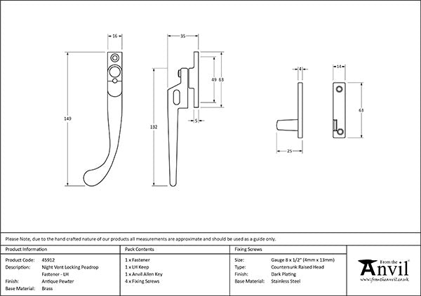 Left-Handed Night-Vent Locking Peardrop Fastener