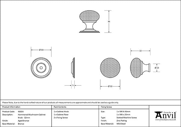 32mm Hammered Mushroom Cabinet Knob