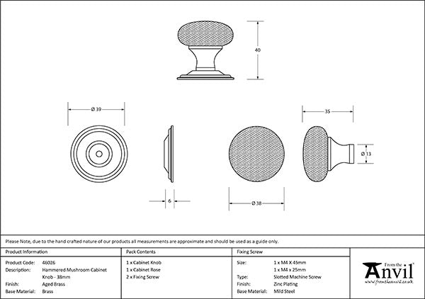 38mm Hammered Mushroom Cabinet Knob