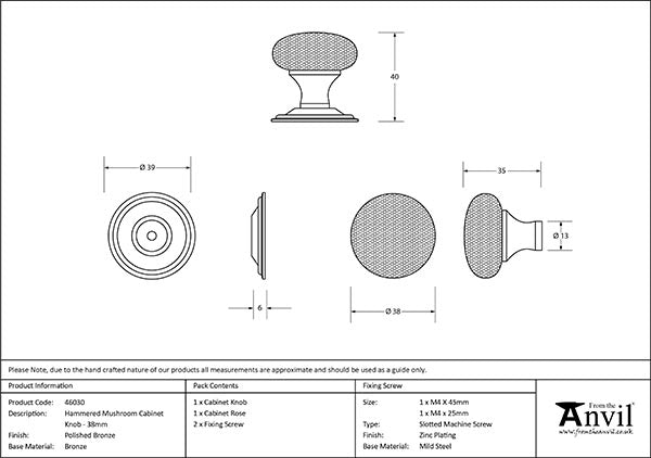 38mm Hammered Mushroom Cabinet Knob