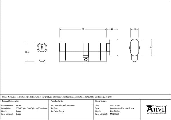 5 Pin Euro Cylinder/Thumbturn 35T/45 Keyed to differ