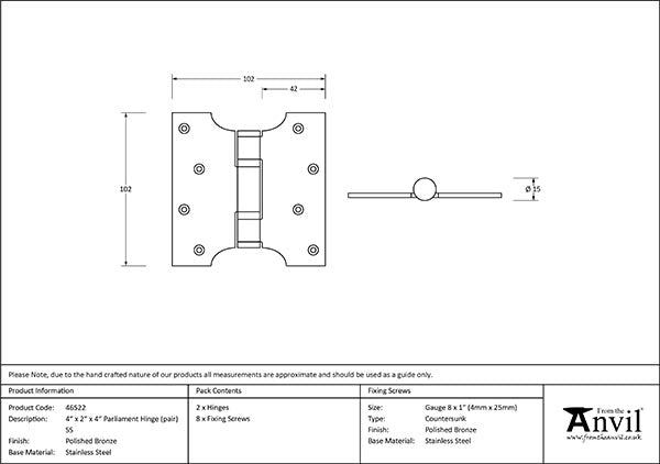 4" x 2" x 4" Parliament Hinges SS (pair)