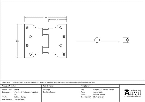 4" x 3" x 5" Parliament Hinges SS (pair)