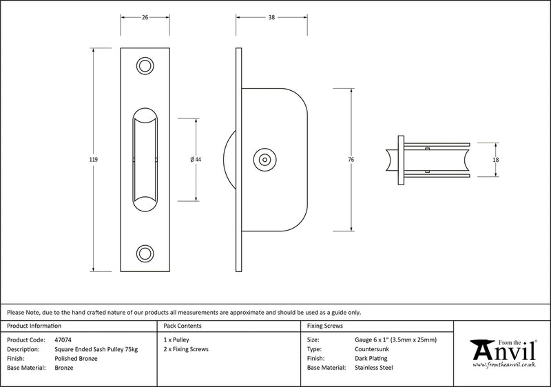 Square Ended Sash Pulley 75kg