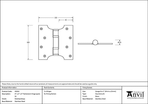 4" x 2" x 4" Parliament Hinges SS (pair)