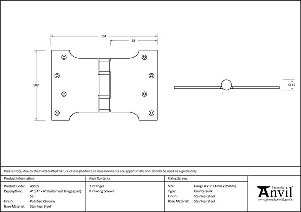 4" x 4" x 6" Parliament Hinges SS (pair)