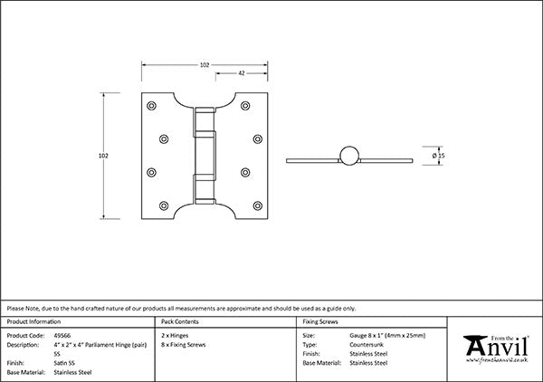 4" x 2" x 4" Parliament Hinges SS (pair)