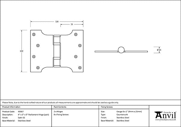 4" x 3" x 5" Parliament Hinges SS (pair)