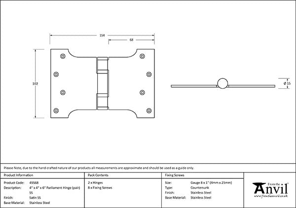 4" x 4" x 6" Parliament Hinges SS (pair)