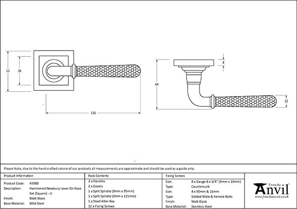 Hammered Newbury Lever on Rose Set Square Rose (Unsprung)