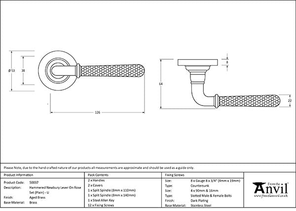 Hammered Newbury Lever on Rose Set Plain Rose (Unsprung)