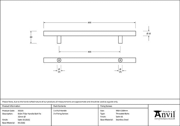 0.6m T Bar Handle Bolt Fix 32mm dia