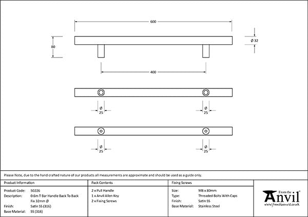 0.6m T Bar Handle B2B Fix 32mm dia