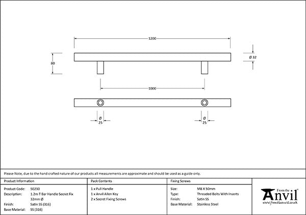 1.2m T Bar Handle Secret Fix 32mm dia