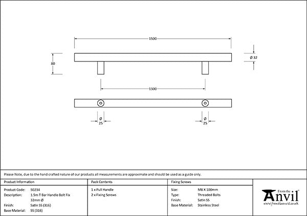 1.5m  T Bar Handle Bolt Fix 32mm dia