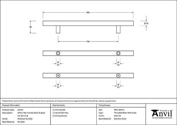 0.9m T Bar Handle B2B Fix 32mm dia