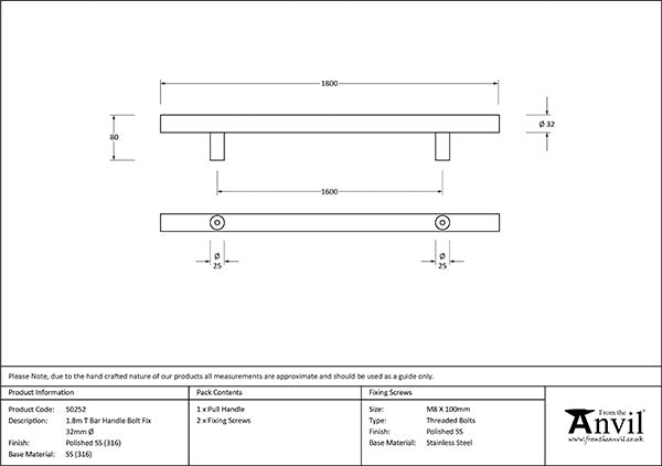 1.8m  T Bar Handle Bolt Fix 32mm dia