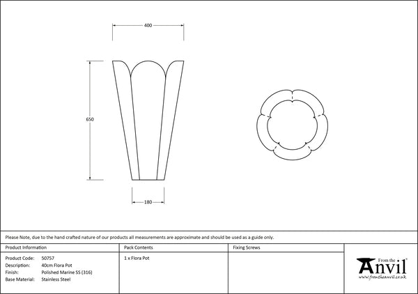 40cm Stainless Steel Flora Plant Pot (no drainage holes)