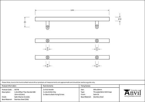 1.2m Offset T Bar Handle B2B 32mm dia