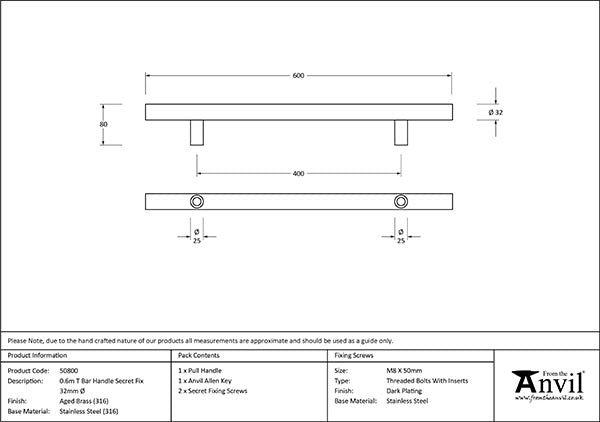 0.6m T Bar Handle Secret Fix 32mm dia