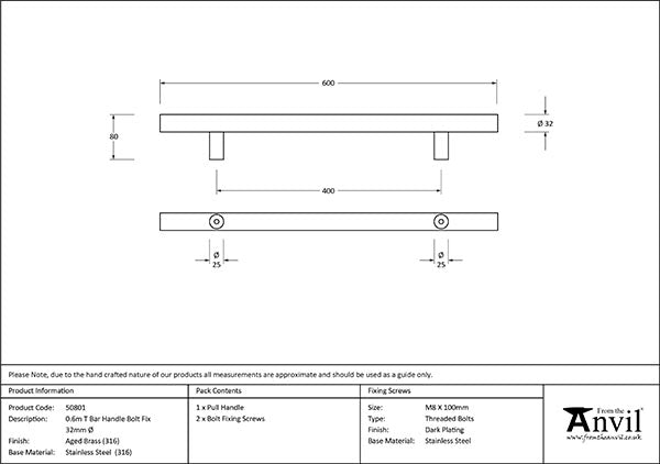 0.6m T Bar Handle Bolt Fix 32mm dia