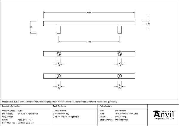 0.6m T Bar Handle B2B Fix 32mm dia