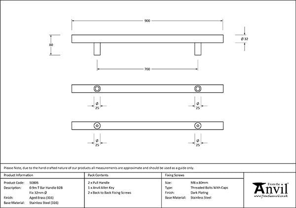 0.9m T Bar Handle B2B Fix 32mm dia