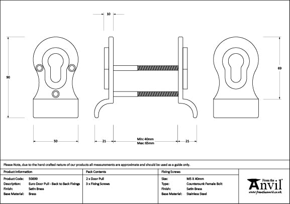 50mm Euro Door Pull (Back to Back Fixings)