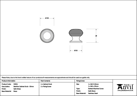 30mm Beehive Cabinet Knob