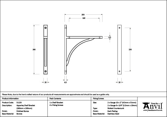 260mm x 200mm Apperley Shelf Bracket